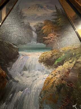 J. Brown Original Landscape Oil Painting with Waterfall and Mountain Peaks in Mi